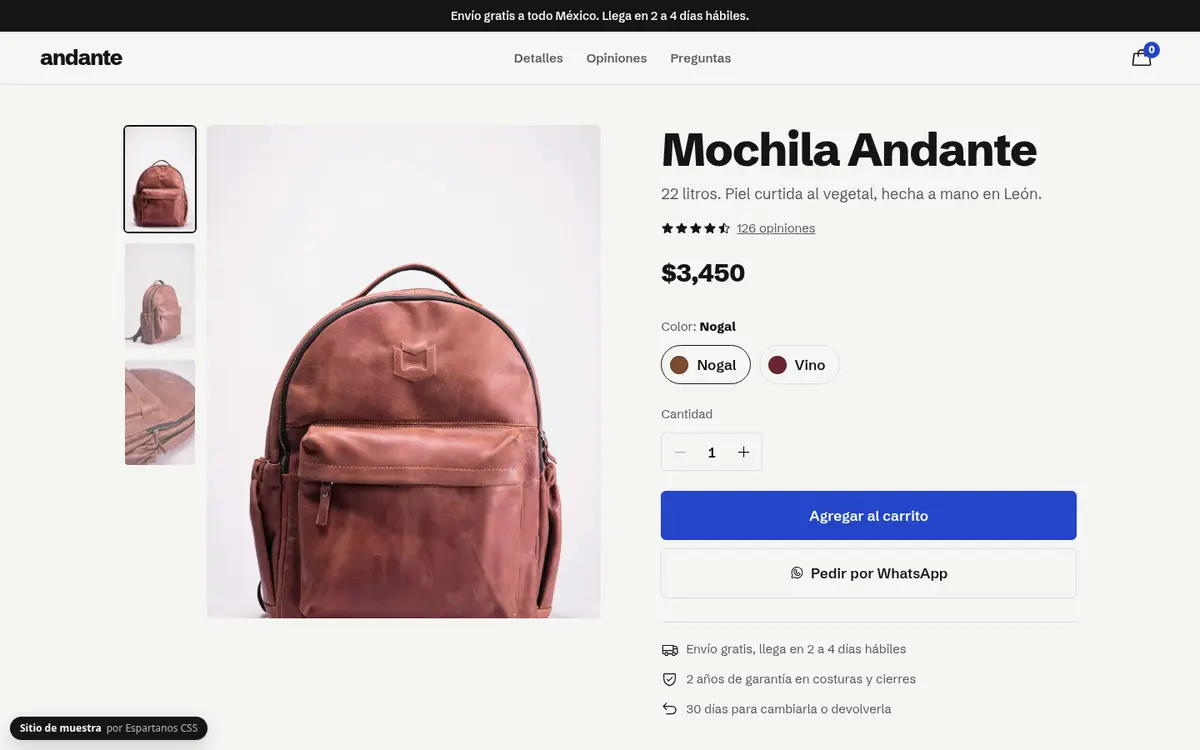 Vista previa de la tienda Andante en computadora